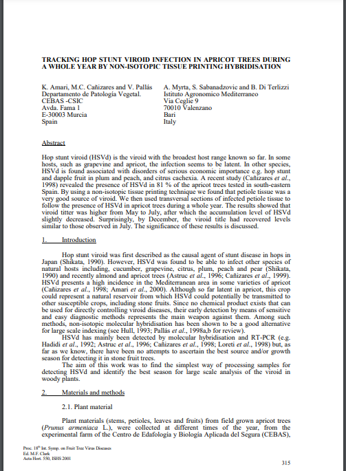 Tracking hop stunt viroid infection in apricot trees during a whole year by non-isotopic tissue printing hybridisation